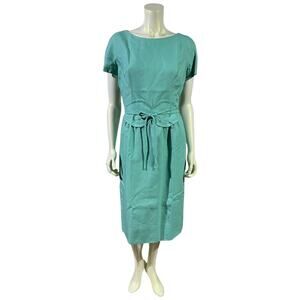1950s Vintage Handmade Sea Foam Green Linen Dress Bow Belt Pencil Small 4-6